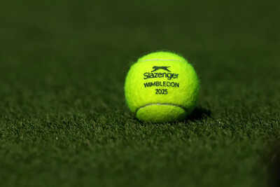 LONDON, ENGLAND - JUNE 28: A detailed view of a Slazenger tennis ball prior to The Championships Wimbledon 2025 at All England Lawn Tennis and Croquet Club on June 28, 2025 in London, England. (Photo by Julian Finney/Getty Images) Close-up of a tennis ball at Wimbledon 2025