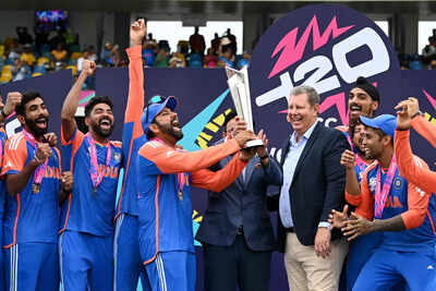 Rohit Sharma of India lifts the ICC Men's T20 Cricket World Cup Trophy (Photo by Gareth Copley/Getty Images) Rohit Sharma celebrates India's T20 World Cup win